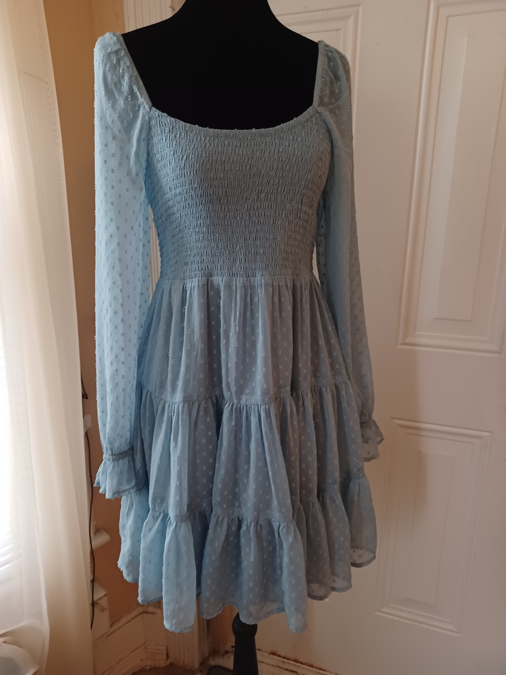 Light Blue Swiss Dot Long-Sleeve Smocked Tiered Dress Size Small